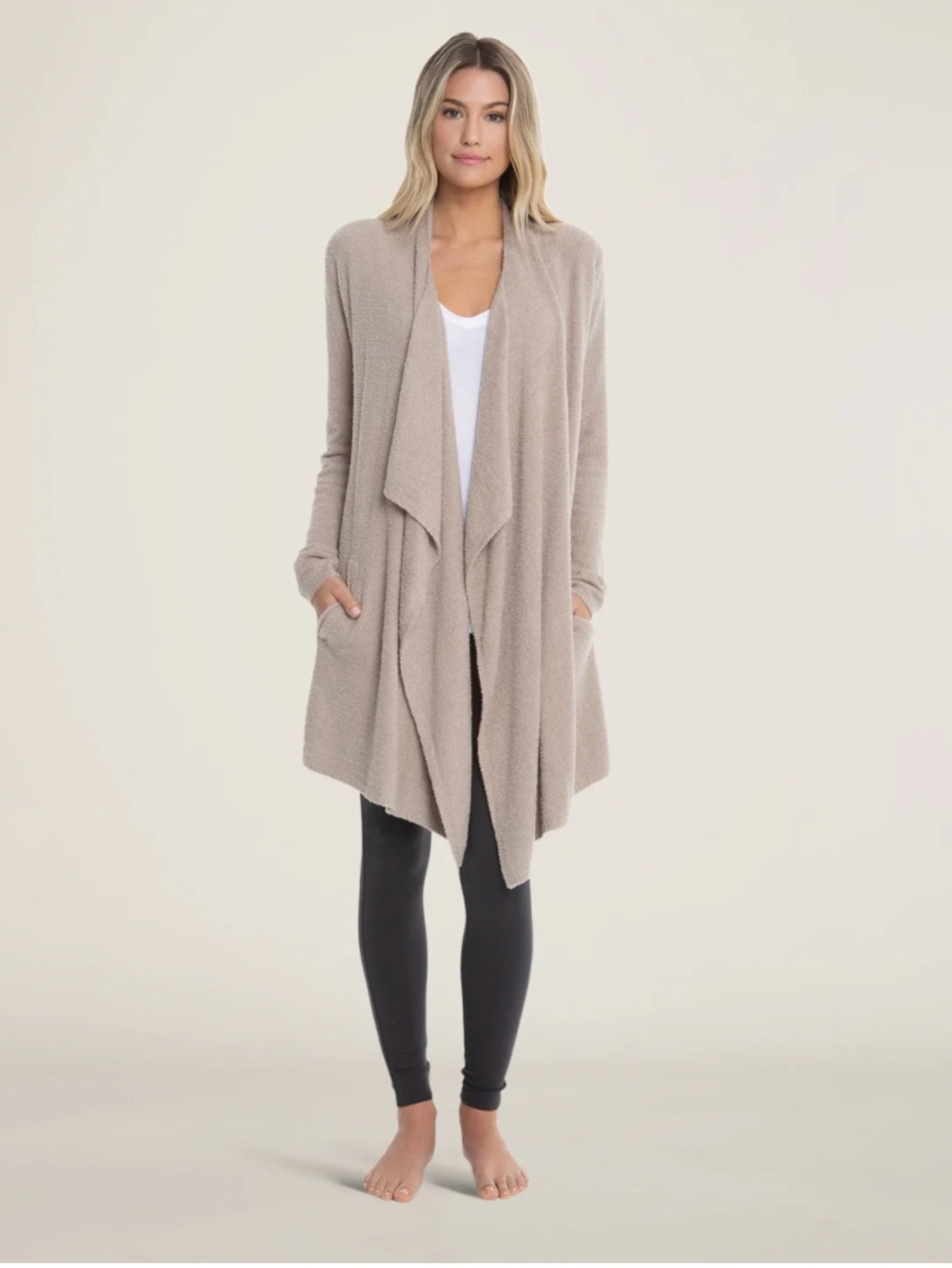 Barefoot Dreams CozyChic Lite Island Cardigan L/XL Taupe Open Front Drape Style